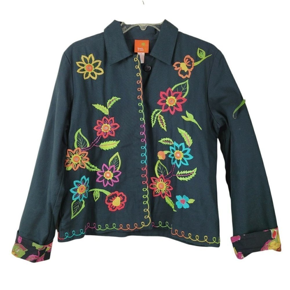 Hearts of Palm Womens Floral Embroidered Trapeze Jacket Black Mirrors Mature Sz8